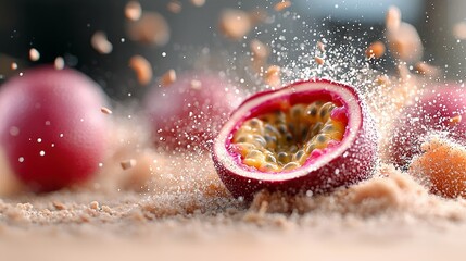 A macro shot of passion fruit bursting with powder, with a focus on the details of the fruit and the dynamic explosion.