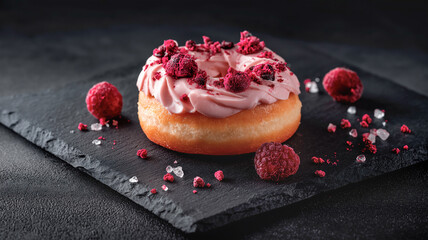 Raspberry Cheesecake Donut. Close-up of a golden, fried donut, generously topped with a swirl of creamy pink icing and raspberries
