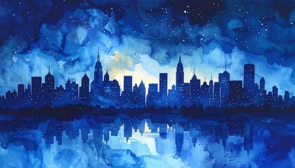 watercolor skyline city silhouette in night blue tone