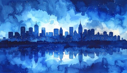 watercolor skyline city silhouette in night blue tone