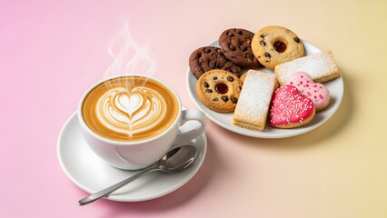 Coffee Cup with Latte Art and Plate of Assorted Cookies on a Colorful Background