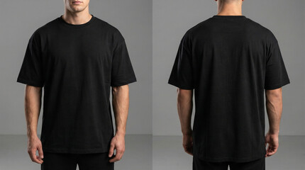 Front and Back View of a Classic Black T-Shirt on a Neutral Background