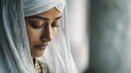 Serene portrait of a woman in traditional Sikh attire with closed eyes