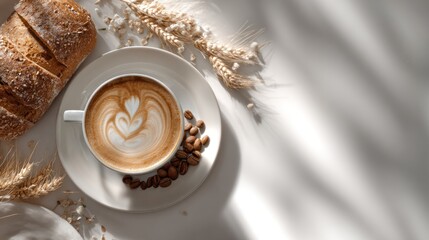 Artistic arrangement showcasing coffee, bread, grains and sunlight ambiance