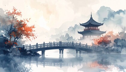 watercolor asian pagoda and bridge soft mist background 