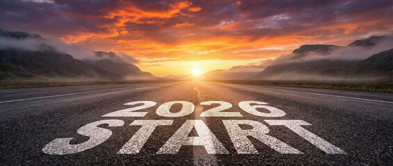 The Start of 2026 A Journey on the Road to the Future Under a Sunset Sky