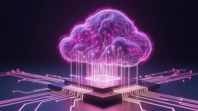 Digital brain cloud connecting to a powerful microchip processor representing machine learning big data and neural networks