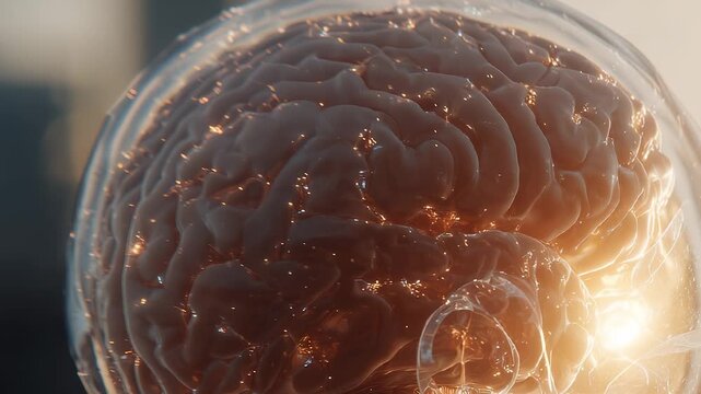 An intricate brain illuminated by a warm light, showcasing swirling textures and glistening details that reveal its complexity. The radiant mind captures attention, embodying innov