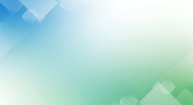 A clean abstract background featuring a diagonal gradient transitioning from blue to green, accented with faint geometric squares and hexagons around a central white copy space.