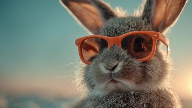 A fluffy rabbit dons stylish orange sunglasses, exuding a cool vibe against a soft pastel backdrop. Its confident pose and vibrant accessory create a playful, cheerful atmosphere.
