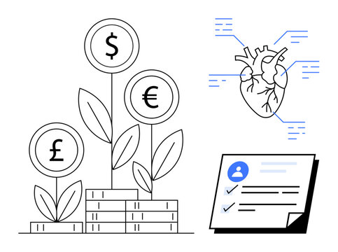 Currency plants growing on stacked coins represent financial growth. Heart diagram highlights health monitoring, while a document with checkmarks shows identity or task verification. Ideal - Powered by Adobe