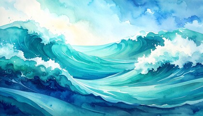 watercolor ocean waves background blue turquoise tone 