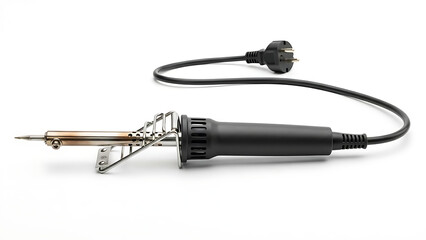 Soldering iron with plug and black handle, isolated on white background