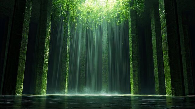 A mystical forest scene with tall pillars, sunlight streaming through lush green foliage, and water reflecting the light. The atmosphere is mysterious and seren