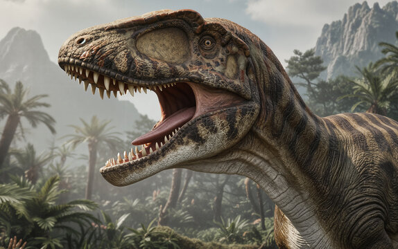 An open-setting close-up captures the head and neck of a Concavenator corcovatus, a carcharodontosaurid theropod dinosaur from the Early Cretaceous period