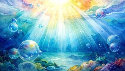 watercolor underwater bubbles and light rays