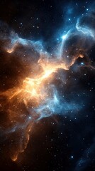 Obraz premium A vibrant and colorful nebula with glowing orange and blue hues, filled with stars against a dark background.