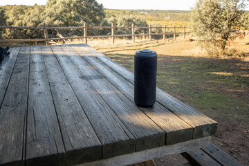 A black wireless speaker on a rustic wooden picnic table outdoors, surrounded by trees and warm natural light in a peaceful countryside setting