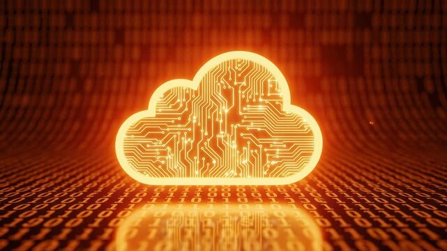 A glowing futuristic circuit board cloud icon hovers above a dynamically illuminated surface covered with streams of digital binary code data