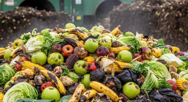 Food waste decomposition in recycling plant for sustainable composting and environmental protection with fresh fruits and vegetables creating fertilizer