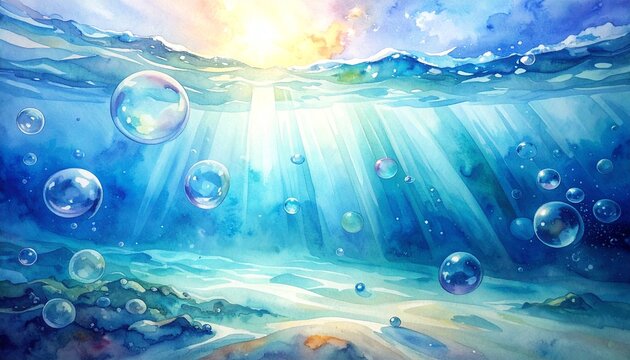 watercolor underwater bubbles and light rays