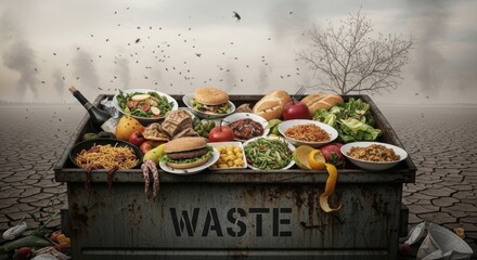Shocking scene of extreme food waste in a dumpster with cracked earth backdrop shows stark reality of overconsumption and environmental impact today