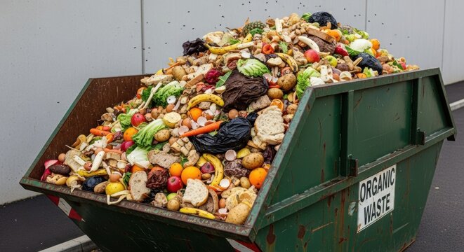 Overflowing organic waste container with food scraps and fruit, emphasizing the problem of food waste and sustainability for environmental awareness - Powered by Adobe