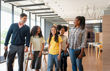 Mentors Leading Group of Students Through Professional Workplace, Kids Girl Learning About Careers...