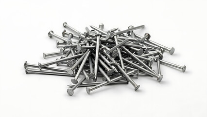 Pile of Metal Nails on White Background Construction and Building Supplies