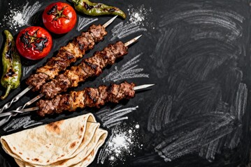 Artisan chalkboard sketch of Turkish kebab feast for restaurant menus. Hand-drawn textured illustration with organic chalk strokes on dark slate background. Perfect for culinary branding.
