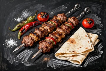 Artisan chalkboard sketch of Turkish kebab feast for restaurant menus. Hand-drawn textured illustration with organic chalk strokes on dark slate background. Perfect for culinary branding.