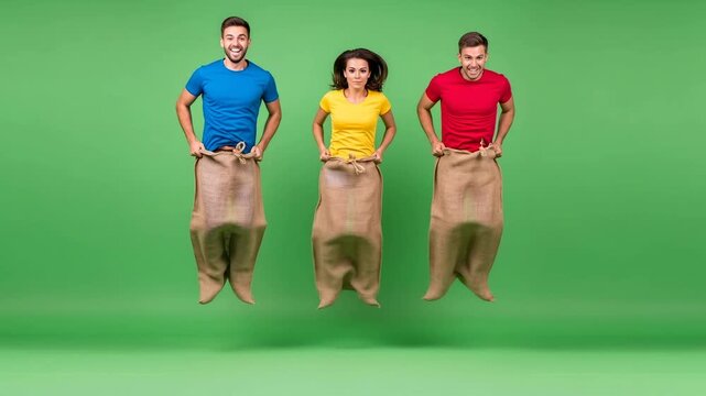 Three caucasion people, two men and a woman, perform a potato sack race jumping motion sequence on a green screen for special effect.