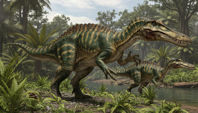 Spinosaurid theropods Suchomimus tenerensis in the jungle, a dynamic interpretation of a fish-eating predator in a Cretaceous river landscape