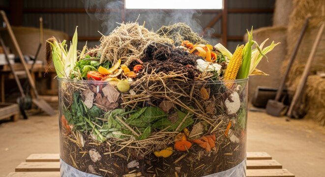 Sustainable composting with food scraps and garden waste in a clear container, steaming in a barn, perfect for eco-friendly living and reducing waste - Powered by Adobe