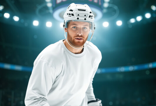 Blank white sport t-shirt on hockey player mockup, ai generated