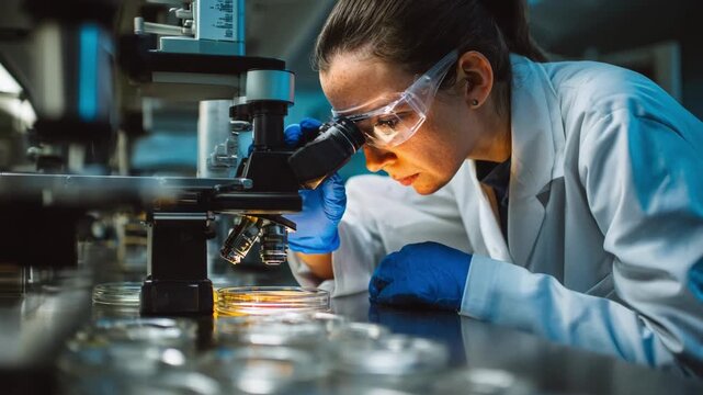 Scientist observing antimony samples under a microscope to evaluate structural variations for experimental metallurgical processes