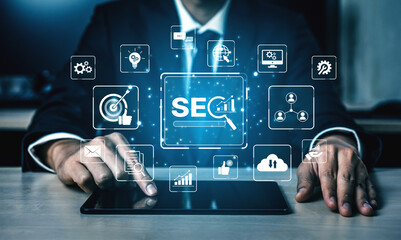 SEO concept for improving SEO visibility, with SEO related digital tools and SEO performance icons shown in an focused layout for strategic marketing. Spline