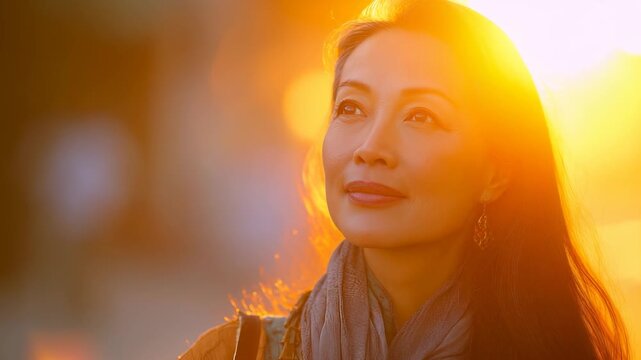 A woman stands illuminated by radiant sunlight, her hair softly glowing in the golden light. The warm aura creates a captivating atmosphere filled with serenity and elegance.