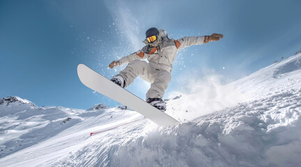 Fototapeta premium Snowboarder doing trick with white snowboard on snow, ai generated