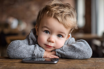 Baby Leaning on Cell Phone and Table