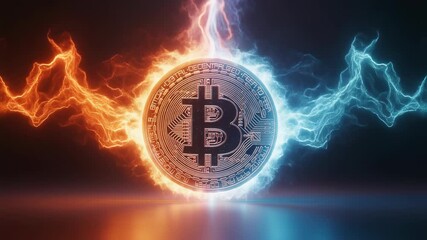 Vibrant digital Bitcoin cryptocurrency glowing with intense orange heat and powerful blue electricity representing decentralized future finance - Powered by Adobe
