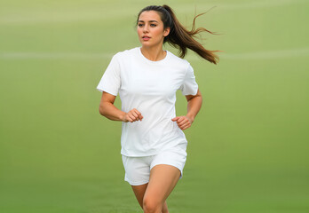 Woman soccer player in white uniform on field, ai generated