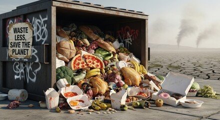 Urgent call to action waste less save the planet, overflowing dumpster with spoiled food against a parched earth backdrop, environmental concept