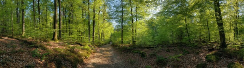Fototapeta premium Serene nature trail in forest hdr panoramic view vibrant green environment
