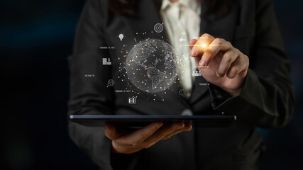 Global business network connecting digital economy and data exchange. Global business expands market, business shares data, global drives finance, and global business supports insight. Latch