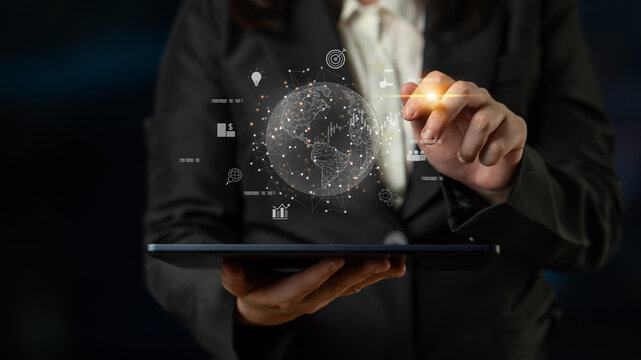 Global business network connecting digital economy and data exchange. Global business expands market, business shares data, global drives finance, and global business supports insight. Latch