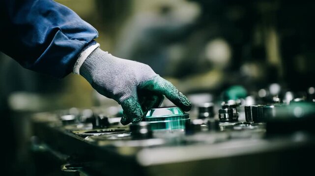 Technician inspecting metal components coated with green lubricants demonstrating environmentally conscious maintenance in industrial settings.