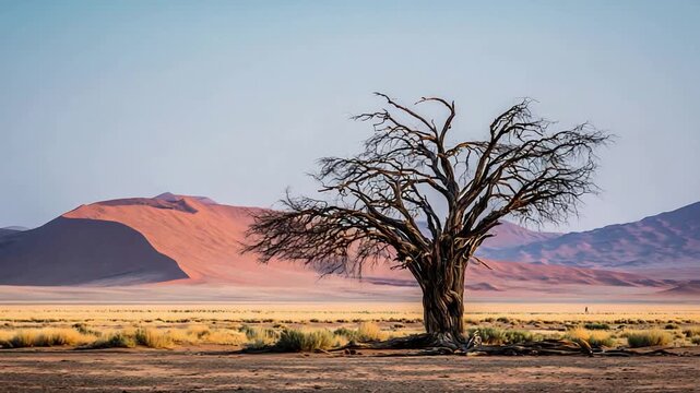 Ancient Desert Tree Stands Tall Amidst Surreal Orange Sand Dunes Under Vast Sky.