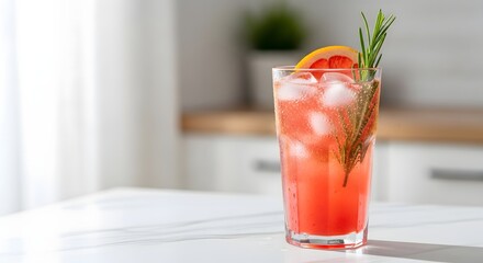 Refreshing grapefruit rosemary mocktail in a tall glass with ice and condensation on a bright kitchen counter for dry january challenge concept and healthy lifestyle