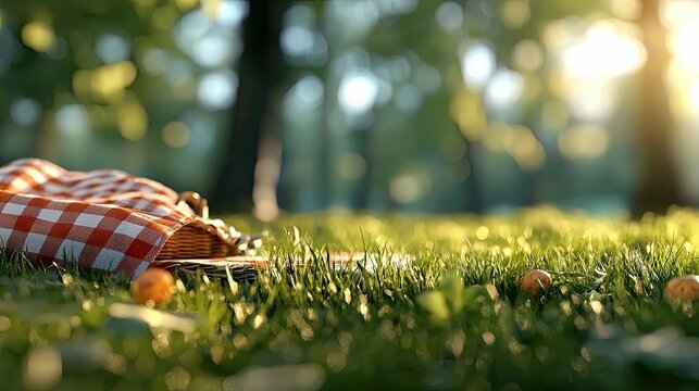 A picnic basket with a red and white checkered blanket is placed on a grassy area in a park. The sun is shining brightly, creating a warm and inviting atmospher